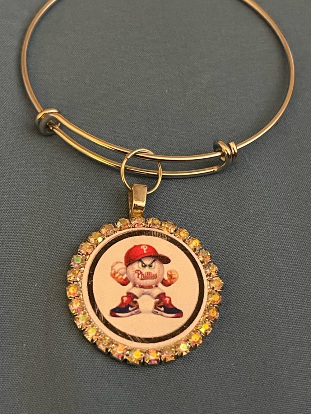 Gold-Tone Baseball Mascot Pendant Bangle Bracelet - Multicolor Stones